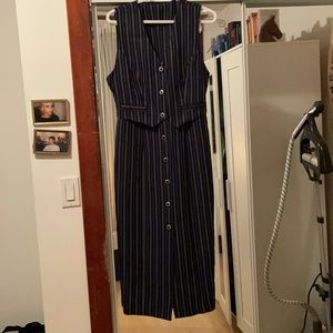 Vintage Navy Pinstripe Button-Front Sleeveless Dress